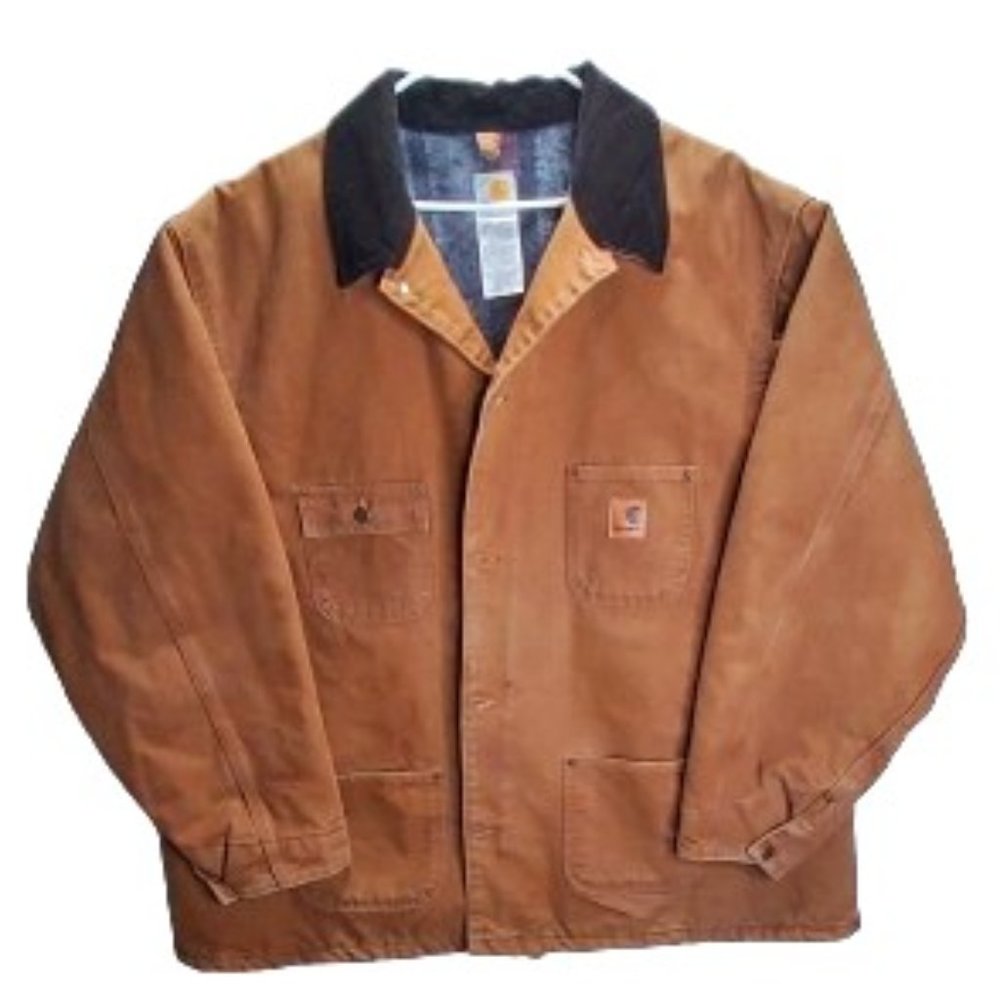 Carthart work jacket coat size: 4XL, tan outside and gray inside